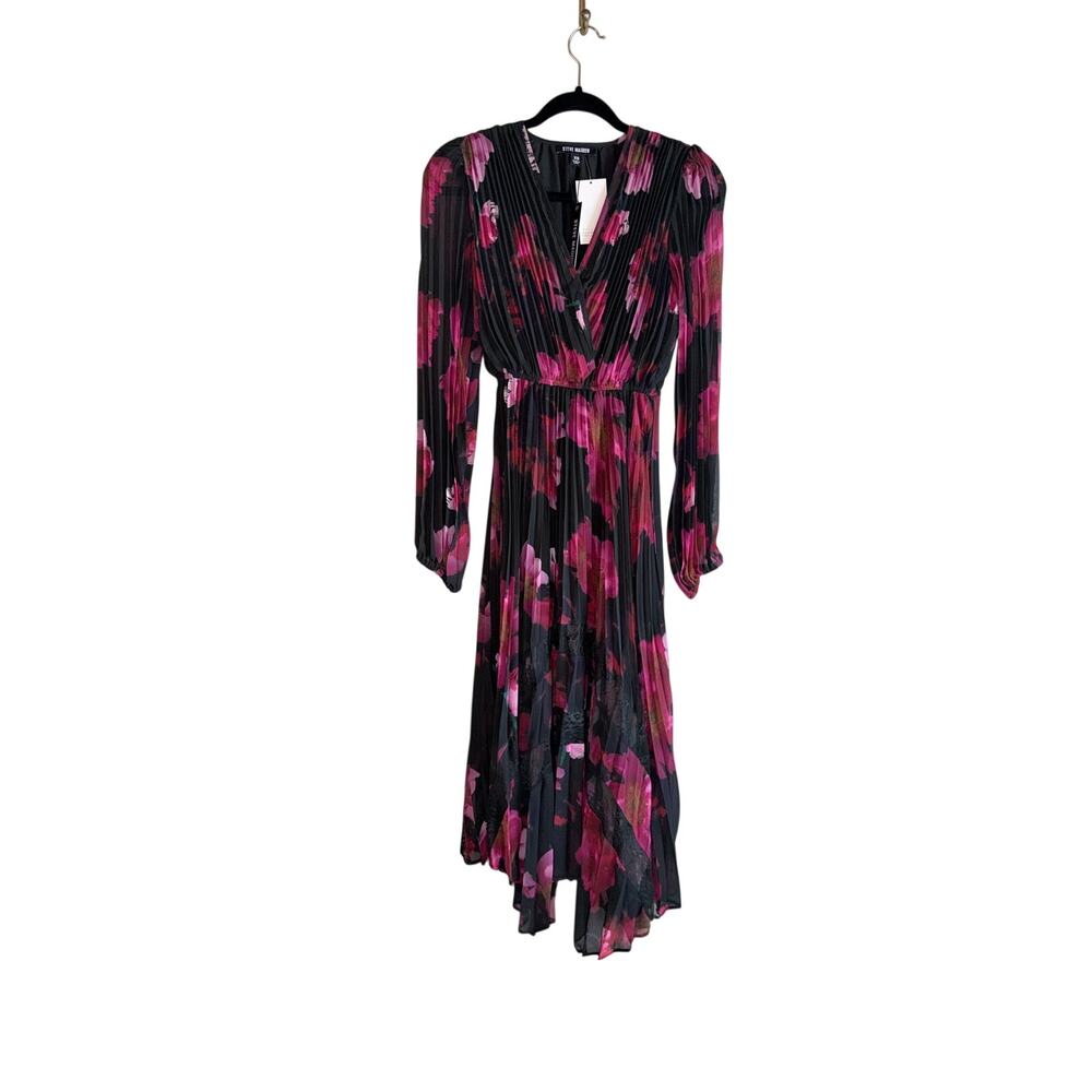 NWT Steve Madden black red pink floral long sleeve pleated dress XS midi lace